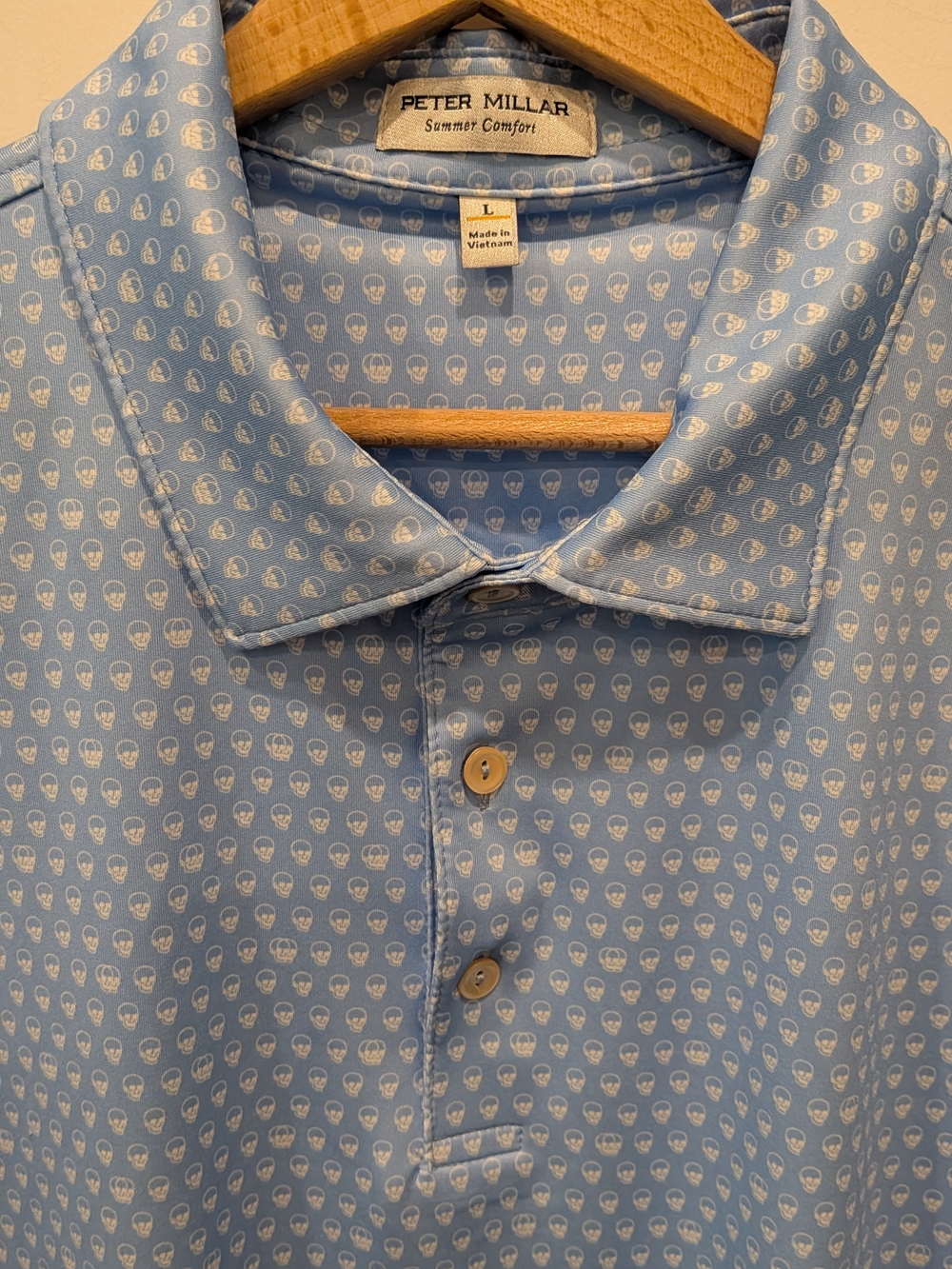 Peter Millar Summer Comfort Skull AOP Performance Polo Shirt Mens L Light Blue